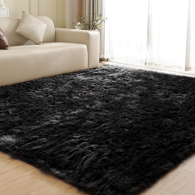 ORINOVA Black Rugs for Living Room 8x10 Area Rugs for Bedroom Shag Washable Faux Sheepskin Fuzzy Fur Rug Large Boho Nursery Rug