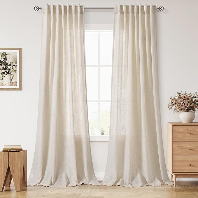 Cream Beige Linen Curtains for Living Room 100 Inches Long Light Filtering Semi Sheer Curtain Back Tab Modern Farmhouse Decor Elegant Luxury Coastal Drapes for Bedroom Dinner Room 52x100, 2 Panels