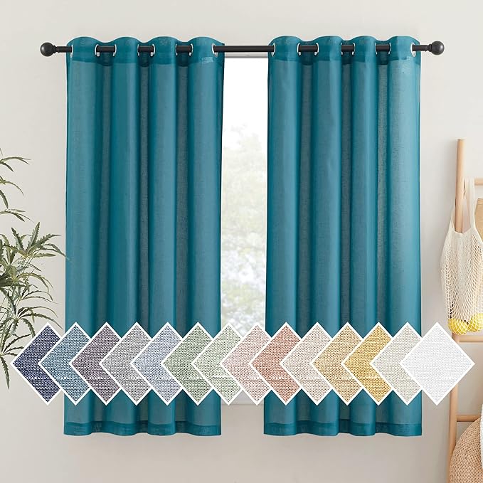 NICETOWN Linen Sheer Curtains 63 inch Length 2 Panels,Grommet Semi Sheer Drapes Privacy with Light Through Window Treatments for Bedroom/Living Room, Peacock Green, W52 x L63