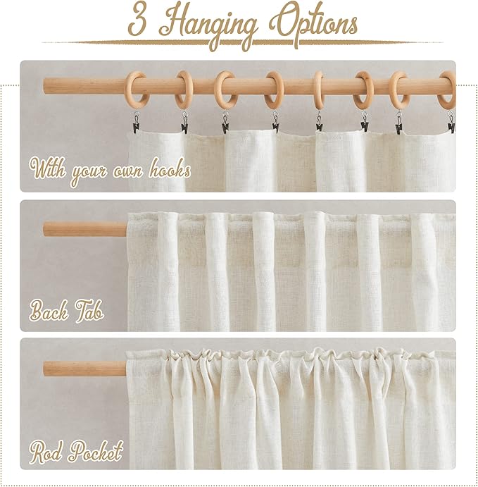 NICETOWN Semi Sheer Curtains 72 inches Long Linen Blend, Rod Pocket & Back Tab Window Treatments Privacy with Light Penetration Bedroom Curtains for Loft/Villa, Natural, W52 x L72, 2 Panels
