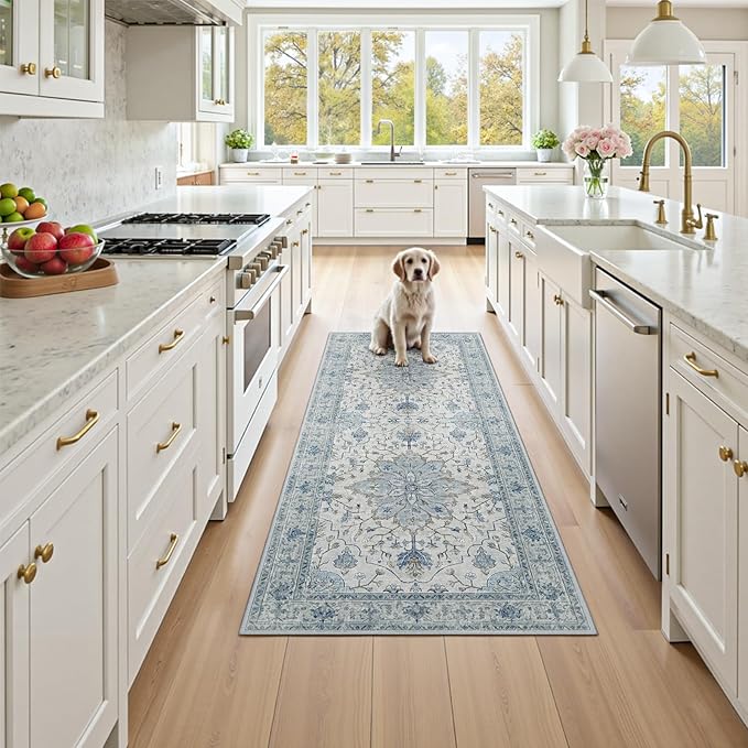Area Rugs 2'6''x8' Runner Rug Non Slip Washable for Kitchen Hallway Bedroom Beside Laundry Room Bathroom Rug, Floor Carpet, Light Blue Navy Beige Gray White