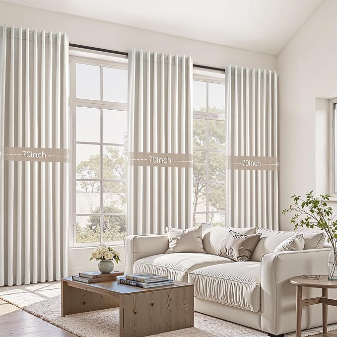 Extra Wide Total Blackout 96 Inch Curtains 70 Inches Wide for Living Room 2 Panels Ivory Cream Linen Blackout Curtain for Large Window Treatment Privacy Thermal Drapes Rod Pocket Pleated 72"W x 96"Lx2