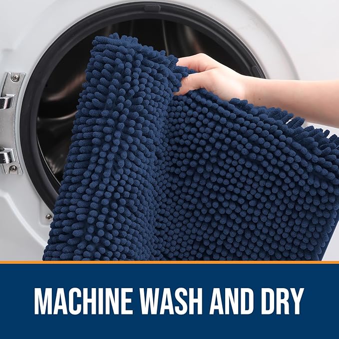OLANLY Dog Door Mat for Muddy Paws 54x24, Absorbs Moisture and Dirt, Absorbent Non-Slip Washable Doormat, Quick Dry Chenille Mud Mat for Dogs, Entry Indoor Entryway Carpet for Inside Floor, Dark Blue