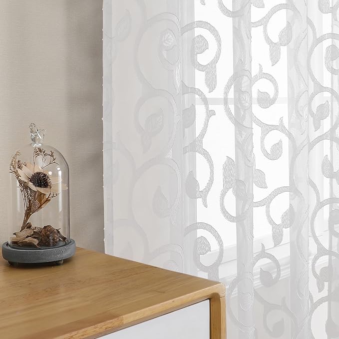 OWENIE Furman Sheer White Curtains 84 inches Long for Bedroom Living Room 2 Panels Set, White Curtains Jacquard Clip Light Filtering Semi Sheer Curtain Rod Pocket Window Drapes, Each 52Wx84L inch