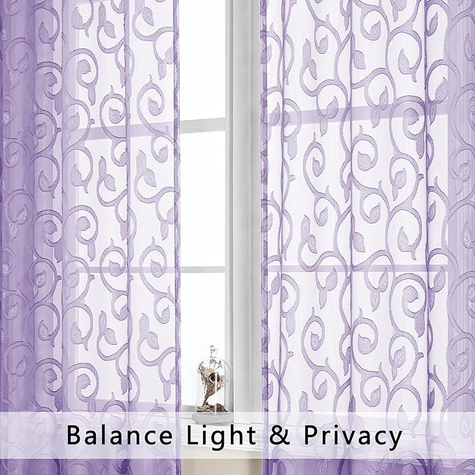 OWENIE Furman Extra Long Sheer Curtains 96 inches Long for Bedroom Living Room 2 Panels Set, Light Filtering Soft Solid Light Purple Semi Sheer Farmhouse Rod Pocket Drapes, Lavender, 40Wx96L inch