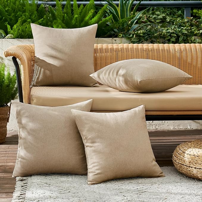 MIULEE Pack of 4 Decorative Outdoor Throw Pillow Covers Linen Waterproof Pillow Covers Farmhouse Cushion Cases for Patio Garden Tent Balcony Couch Sofa 18x18 inch Light Tan