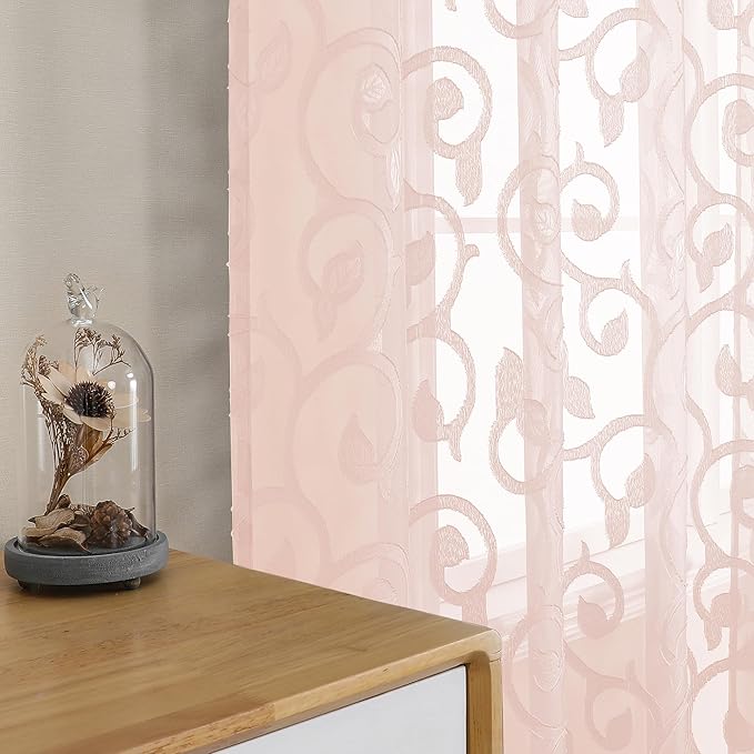 OWENIE Furman Blush Sheer Curtains 63 inch Length for Bedroom Living Room 2 Panels Set, Jacquard Clip Textured Pink Sheer Curtains, Light Filtering Rod Pocket Farmhouse Window Treatments, 40Wx63L inch