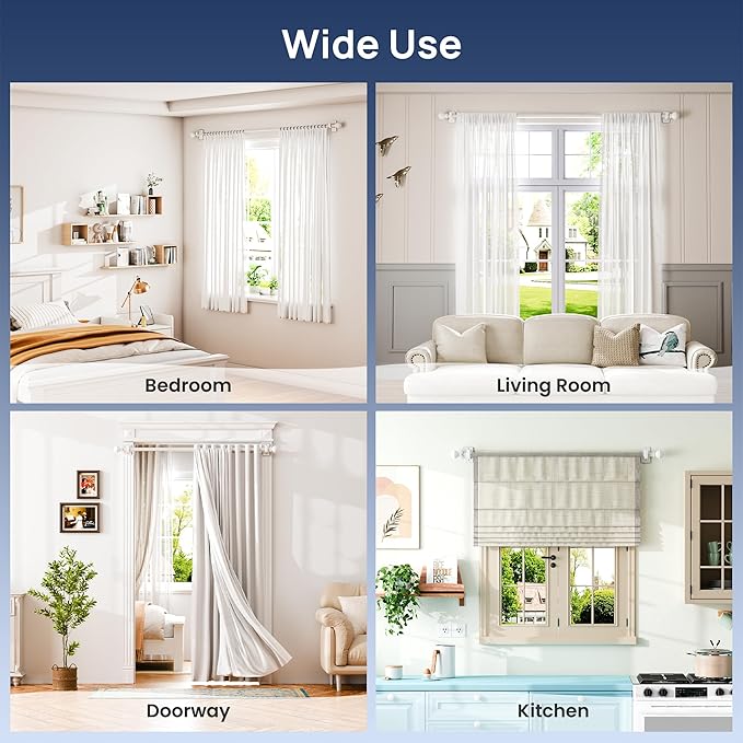 ENJOYBASICS No Drill Curtain Rods for Window 28 to 60 Inches, 5/8 Inch Diameter Renter Friendly Drapery Rod with Adhesive Brackets without Drilling, Adjustable from 27 to 65 Inches, White