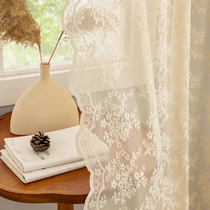 YJ YANJUN Vintage Lace Curtains 45 Inch Length- Cute Floral Cafe Curtains for Living Room Bathroom Kitchen Small Window Cabinet Rod Pocket Light Filtering W52 X L45 Beige