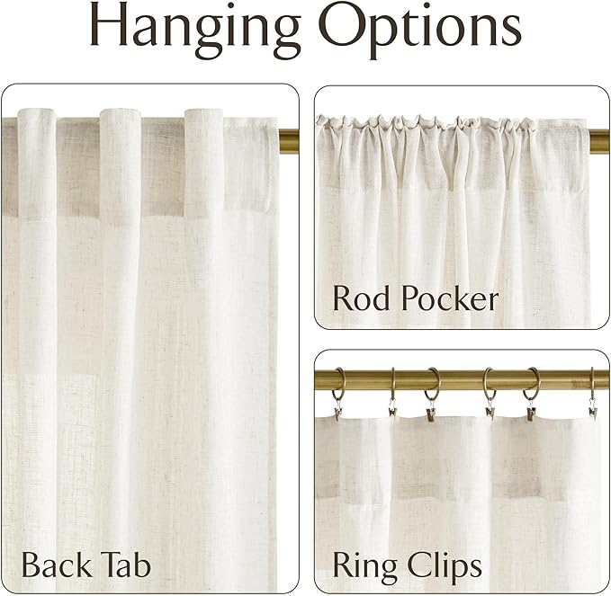 NICETOWN Natural Linen Curtains 96 inch Length 2 Panels, Rod Pocket & Back Tab Linen Blend Semi Sheer Privacy with Light Filtering Drapes for Bedroom/Living Room, W52 x L96