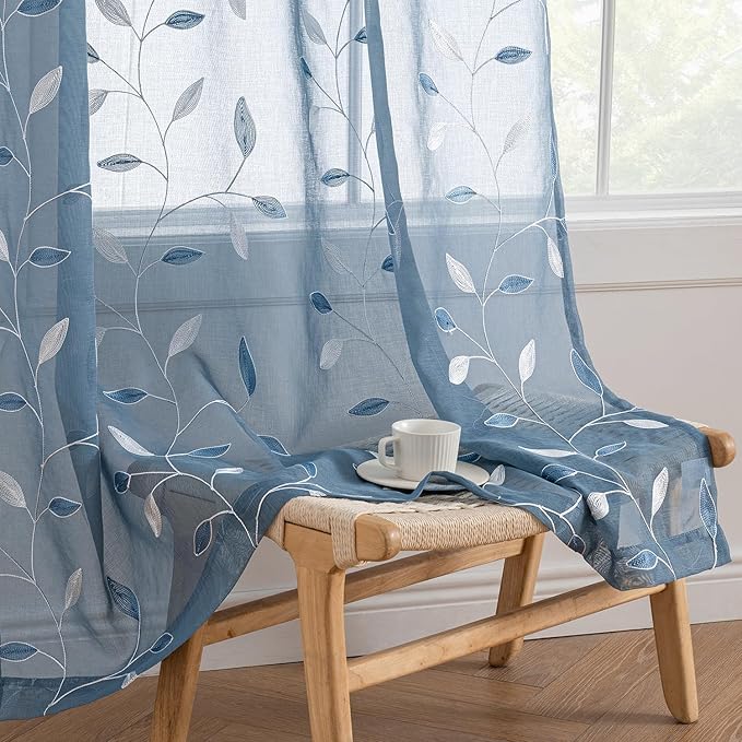 MIULEE Stone Blue Sheer Curtains 2 Panels Embroidered Leaf Patterned Rod Pocket Floral Semi Sheer Faux Linen Window Curtains Drapes Set for Living Room Bedroom Dining Room, 52x84 Inches Long