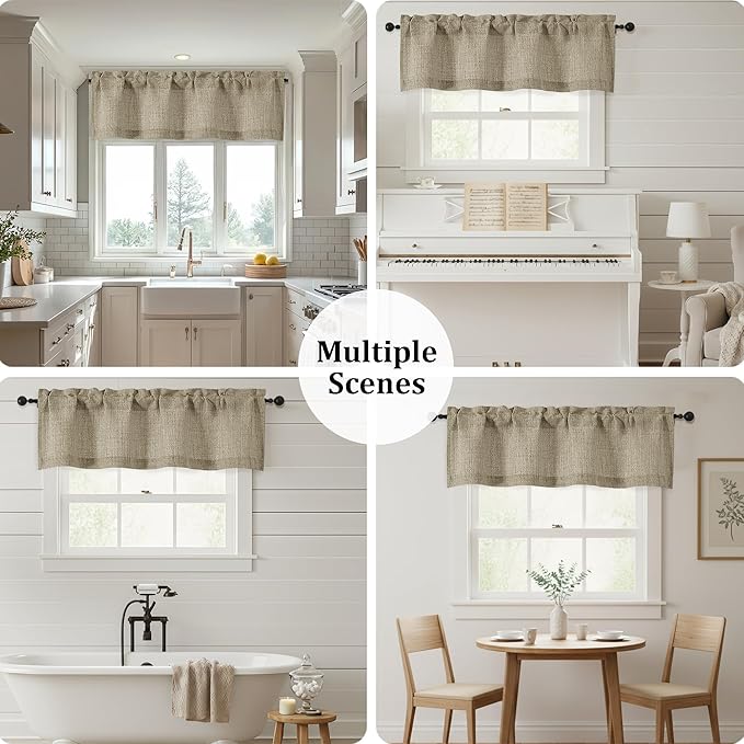 OWENIE Brown Valances for Windows 1 Pcs, Light Filtering Textured Farmhouse Short Small Valance Curtains for Bathroom Basement Living Room Bedroom, Rod Pocket Half Curtains Over Sink, 52Wx14L Inch