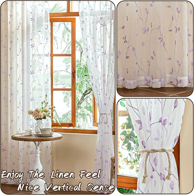 AmHoo 2 Panels Embroidered Leaf Pattern Semi Sheer Curtains Foliage Floral Voile Window Draperies Treatment for Bedroom Living Room Rod Pocket White Lavender Purple 53 x 95 Inch