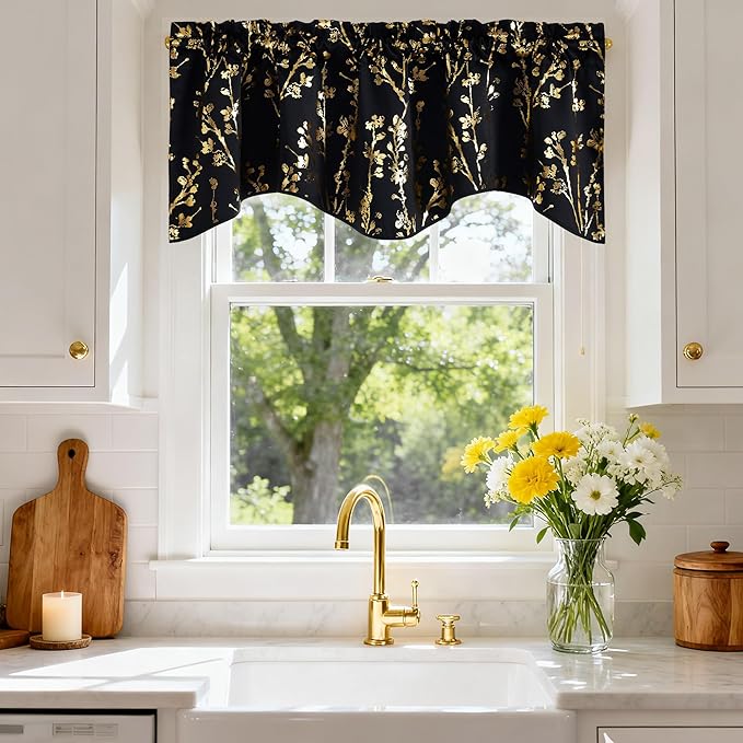 NICETOWN Blackout Kitchen Valances for Windows, Black Floral Scalloped Decor for Living Room Bathroom, Gold Foil Flower Shadow Printed Drapes 18 Inch Length with Rod Pocket, W42×L18, 1 Panel