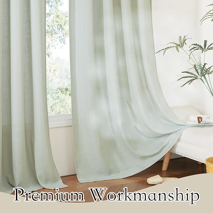 RYB HOME Semi Sheer Curtains - Linen Texture Farmhouse Sun Protection Semi Transparent Lightweight for Closet Laundry Room Bathroom, W 52 x L 45 inches, Sage Green, 2 Panels