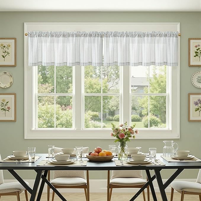 jinchan Linen Stripe Valance for Window 16 Inch Modern Rustic Farmhouse Valance for Kitchen Living Room Bathroom Window Treatment Light Filtering Rod Pocket 1 Panel Aqua Blue on Linen
