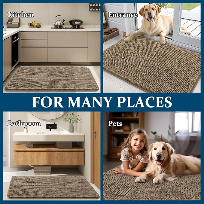 OLANLY Dog Door Mat for Muddy Paws 44x24, Absorbs Moisture and Dirt, Absorbent Non-Slip Washable Doormat, Quick Dry Chenille Mud Mat for Dogs, Entry Indoor Entryway Carpet for Inside Floor, Tan