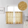 Lecloud Leia Dark Gold Sheer Kitchen Curtains 24 Inch Length 2 Pcs, Jacquard Textured Leaf Voile Short Curtains with Dual Rod Pocket, Farmhouse Bedroom Living Room Tiers, 40 W x 24 L