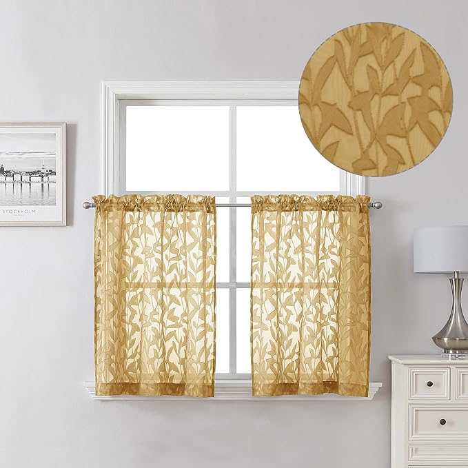 Lecloud Leia Dark Gold Sheer Kitchen Curtains 24 Inch Length 2 Pcs, Jacquard Textured Leaf Voile Short Curtains with Dual Rod Pocket, Farmhouse Bedroom Living Room Tiers, 40 W x 24 L