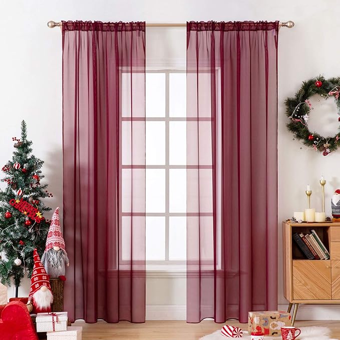 MIULEE 2 Panels Solid Color Sheer Christmas Window Curtains Elegant Window Voile Panels/Drapes/Treatment for Bedroom Living Room (54 X 84 Inches Wine Red)