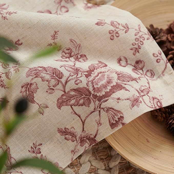 jinchan Amlie Floral Linen Valance Curtain Farmhouse Kitchen Valance for Living Room Laundry Light Filtering Double Layer Cottagecore Window Treatment Rod Pocket 1 Panel 16 Inch Maroon on Linen