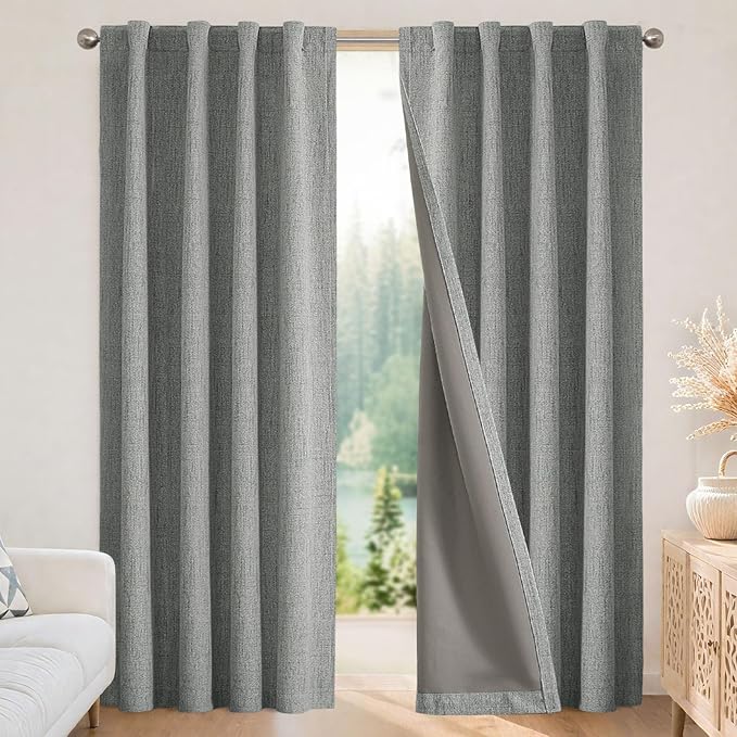 Joydeco Blackout Curtains for Bedroom - 100% Light Blocking 2 Panels Light Grey Drapes 66" W x 84" L, Thermal Insulated Room Darkening Curtains, Linen Textured for Living Room, Rod Pocket & Back Tabs