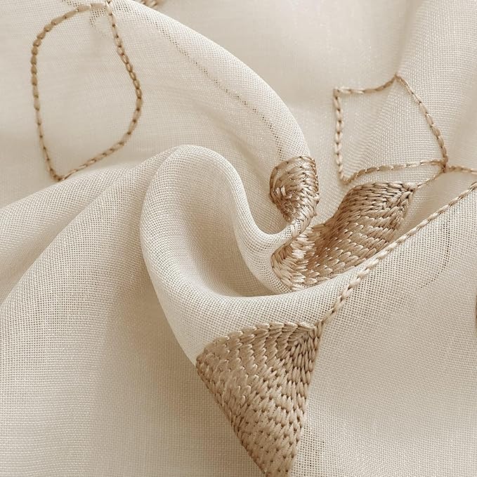 HOMEIDEAS Taupe Sheer Kitchen Curtains 30 X 36 Inch Length 2 Panels Beige Embroidered Leaf Pattern Short Curtains for Small Window Valance Tiers