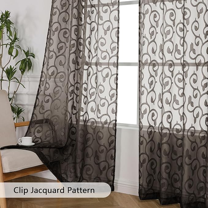 OWENIE Furman Chocolate Sheer Curtains 96 inches Long for Bedroom Living Room 2 Panels Set, Light Filtering Sheer Curtain with Elegant Clip Jacquard, Rod Pocket Window Treatments, 2 Pcs = 80" Width