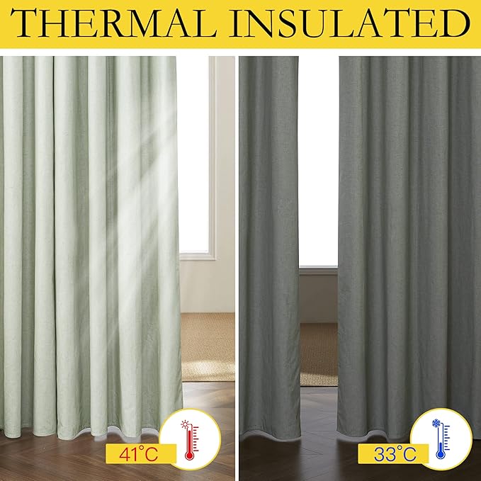 NICETOWN Sage Green Linen 100% Blackout Curtains 120 inches Length with Thermal Insulated Liners, 2 Panels, 52 inches W, Farmhouse Style Extra Long Window Draperies for Patio Sliding Glass Door