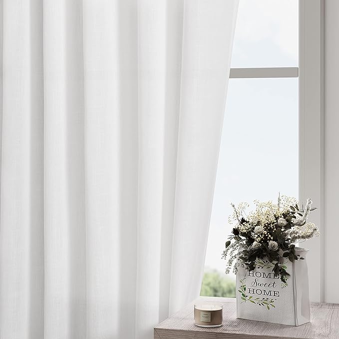 Nanspring White Linen Curtains for Living Room 2 Panels Set Neutral Modern Farmhouse Window Curtain for Bedroom 66 Inch Length Semi Sheer Light Filtering Privacy Back Tab Rod Pocket Drapes 52x66