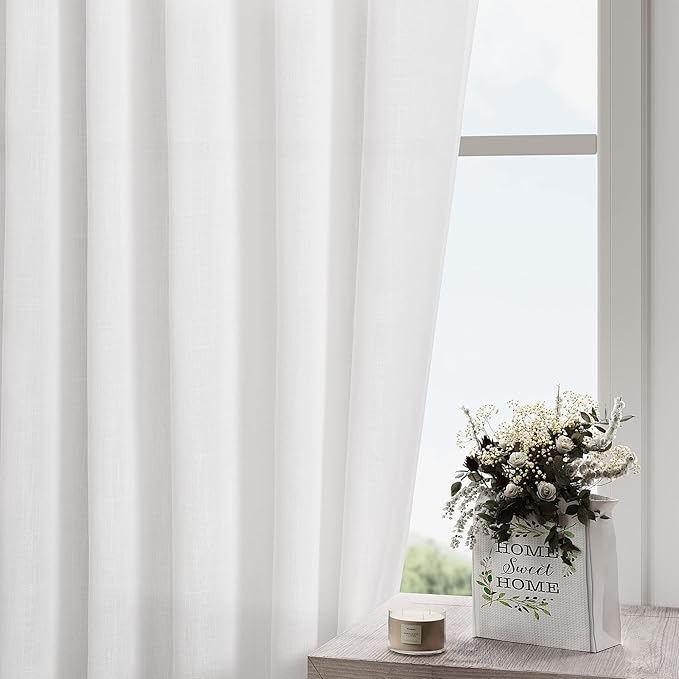 White Linen Curtains 63 inches Long for Bedroom Back Tab Light Filtering Privacy Sheer White Curtains Modern Farmhouse Coastal Decor Off White Cotton Textured Gauze Curtain for Bathroom 2 Panel Set