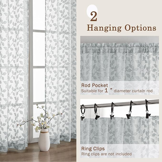 Chyhomenyc Extra Long Light Grey Sheer Curtains 120 Inch Length 2 Panels Set, Light Filtering Tufted Textured Soft Airy Rod Pocket Leaf Window Treatment Drapes for Living Room, 52" Wx120 L, 2PCS