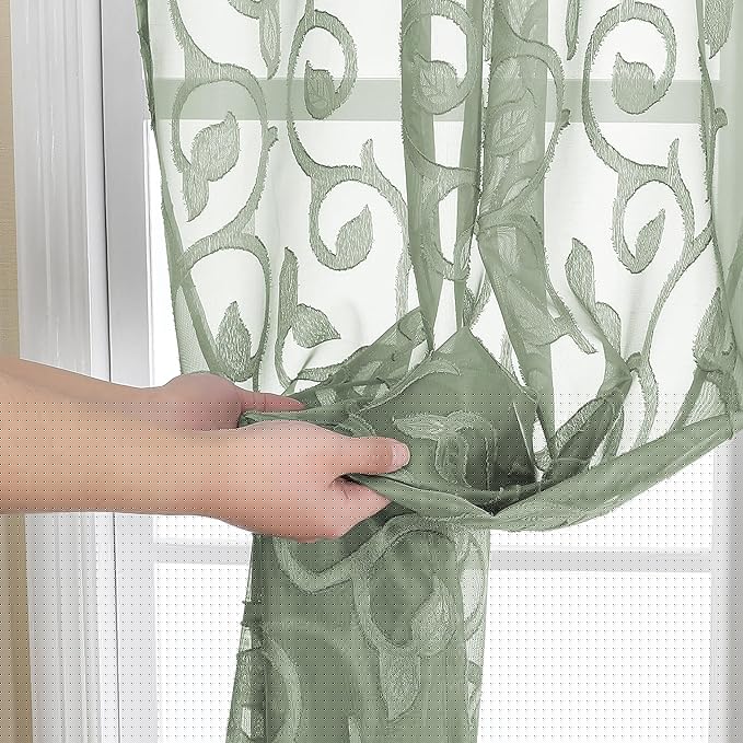 OWENIE Furman Sheer Sage Green Curtains 84 inches Long for Bedroom Living Room 2 Panels Set, White Curtains Jacquard Clip Light Filtering Semi Sheer Curtain Rod Pocket Window Drapes, 52Wx84L inch