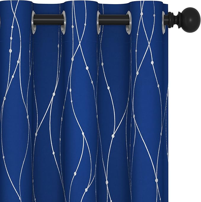 Deconovo Blackout Curtains, 42 x 108 Inch Long Drapes for Sliding Door, Wave Dot Silver Print, Soundproof Thermal Insulated Curtain for Bedroom Living Room, Set of 2, Machine Washable, Royal Blue