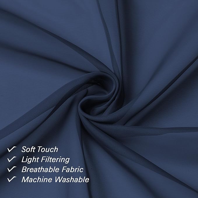 Lecloud Navy Blue Sheer Valances for Windows 18 Inch Length 2 Pcs, Cafe Kitchen Curtains for Bedroom Living Room, Short Curtains for Small Windows with Dual Rod Pocket Home Decor, 42" W x 18" L