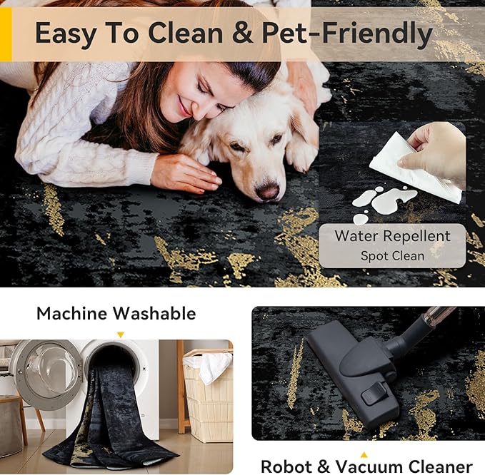 Washable Area Rugs 4'x6' Non-Slip Modern Abstract Soft for Living Room Entryway Bedroom Nursery, Print Pattern, Dark Black Gold