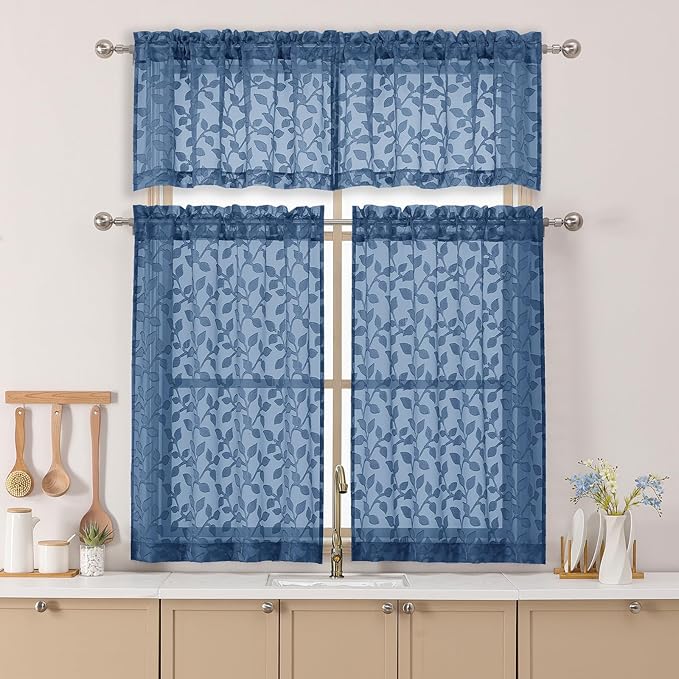 Chyhomenyc Dusty Blue Sheer Valances for Windows 14 Inch Length 2 Pcs, Light Filtering Leaf Textured Cafe Short Kitchen Curtains, Top Small Curtain for Living Room Bedroom Basement, 42" W x 14" L
