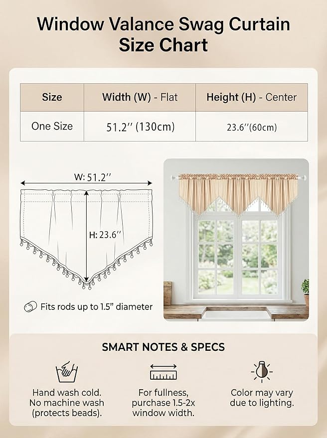 Molaxhome Swag Curtain 51 inch Length Rod Pocket Scalloped Curtain Valance Sheer Lace Panels with Hanging Crystal Beads for Kitchen Bedroom Window Treatments Drape Decor 1pc (Cloth Beige, 51Wx23L)