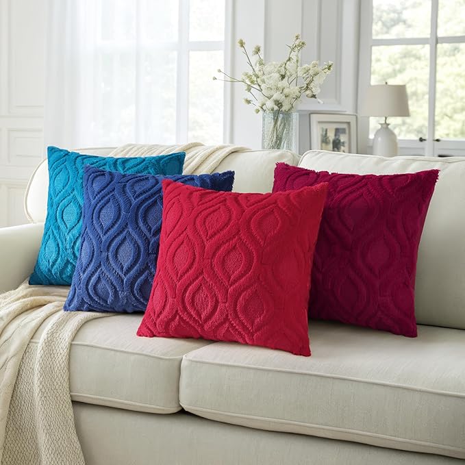 decorUhome Throw Pillow Covers 16x16 Inch Set of 2, Soft Plush Faux Wool Dark Blue Solid Couch Pillow Covers, Accent Farmhouse Neutral Square Pillow Cases for Sofa Bed Living Room