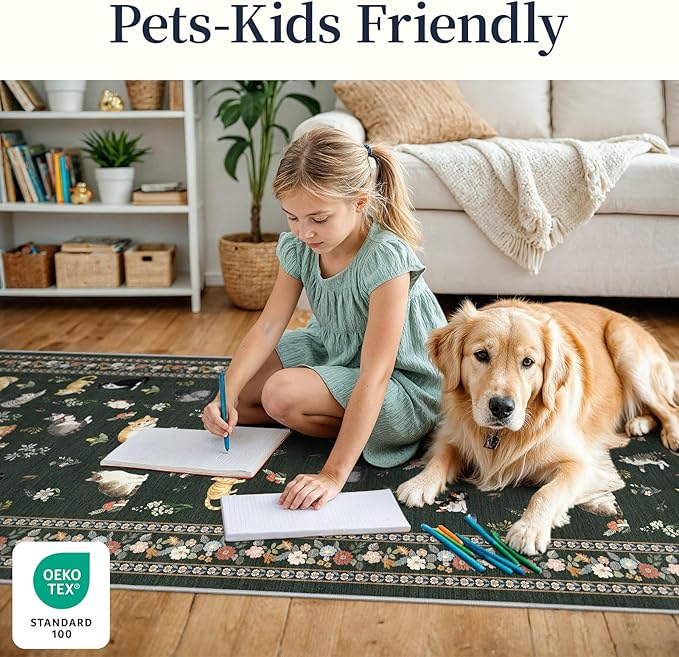 2x6 Washable Kitchen Runner Rug - Soft Low Pile Floral Animal Cat Print Rugs with Non-Slip Backing Waterproof Stain-Resistant Indoor Carpet for Hallway Entryway Bathroom Bedroom (Sage Green)