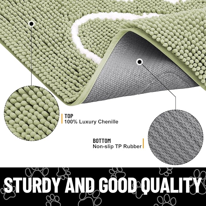 Smiry Dog Door Mat for Muddy Paws, Absorbent Dirt Trapper Non Slip Quick Dry Washable Chenille Mat for Mud Dogs, Entry Rug for Indoor and Outdoor (70x24 Inches, Sage Green and White)