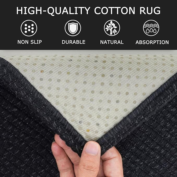 KOZYFLY Extra Long Runners for Hallways 3x14 ft Washable Kitchen Runner Non Slip Rubber Backed Hallway Rug Cotton Entryway Runner Rug Floor Carpet for Indoor Hall, Kitchen, Stair, Black/Dark Grey