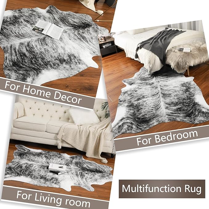 AROGAN Western Decor Faux Fur Cowhide Rug, 3.6 x 2.3 Feet Premium Animal Skin Cow Hide Rug, Sturdy Cow Print Rugs for Wall Decor, Western Floor Carpet for Bedroom Living Room, Black and Grey