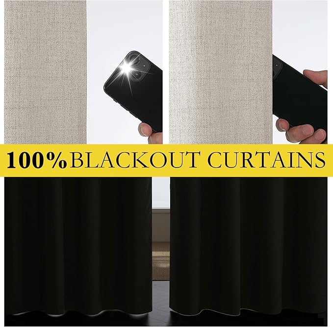 NICETOWN Brich Vintage Open Linen Weave Flax Thermal Curtains, 100% Blackout Curtains 72" Long for Dining Room, Soundproof Window Treatment Drapes for Laundry Room, 62" Wide Per Panel, Set of 2