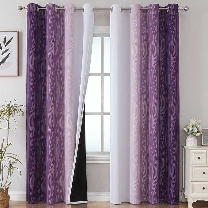 Estelar Textiler Ombre Blackout Curtains 102 Inches Long 2 Panels Set, Purple and Greyish White Thermal Insulated Drapes for Bedroom, Full Room Darkening Grommet Curtains for Living Room, 52Wx102L