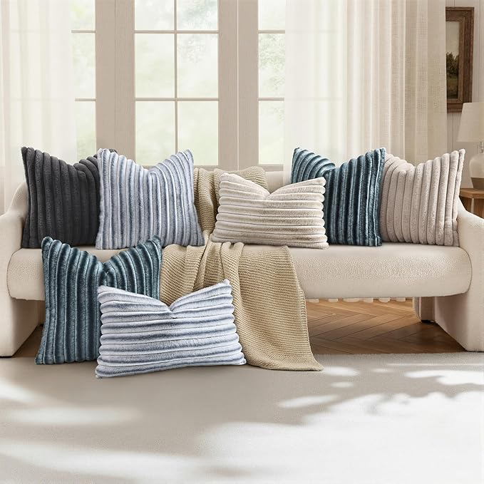 decorUhome Cozy Faux Fur Throw Pillow Covers 24x24 Set of 2 Decorative Soft Plush Striped Modern Farmhouse Boho Couch Euro Sham Pillow Cases with Velvet Back for Sofa Bed Living Room, Grey White