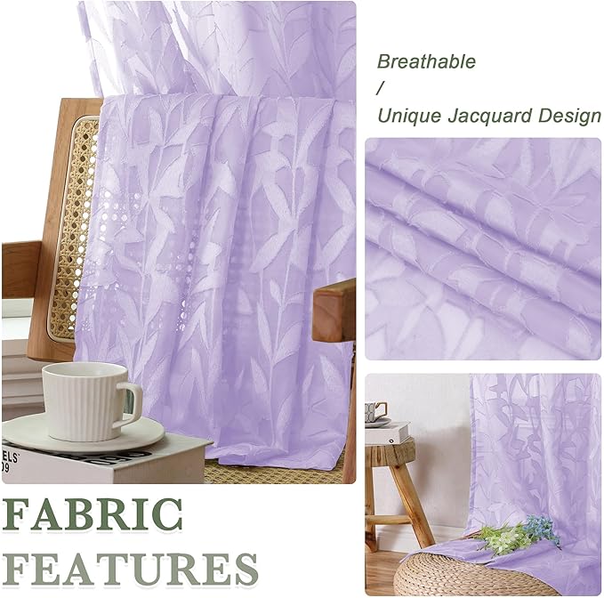 Lecloud Leia Light Purple Sheer Curtains 54 Inch Length 2 Panels, Light Reducing Jacquard Textured Leaf Voile Bedroom Drapes, Gauzy Clip Short Curtain Curtains with Dual Rod Pocket, 38x54 Inches