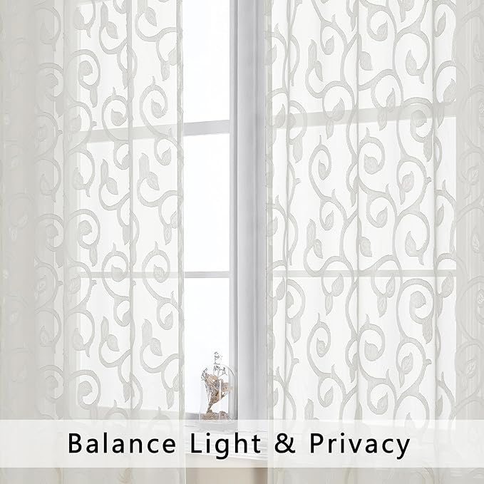 OWENIE Furman Sheer Ivory Curtains 84 inches Long for Bedroom Living Room 2 Panels Set, White Curtains Jacquard Clip Light Filtering Semi Sheer Curtain Rod Pocket Window Drapes, Each 52Wx84L inch