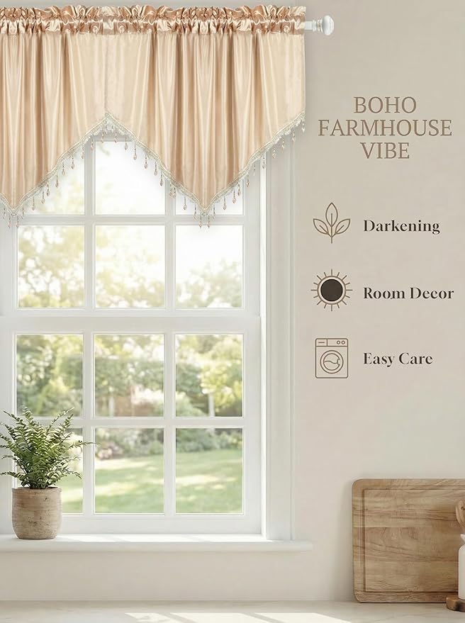Molaxhome Swag Curtain 51 inch Length Rod Pocket Scalloped Curtain Valance Sheer Lace Panels with Hanging Crystal Beads for Kitchen Bedroom Window Treatments Drape Decor 1pc (Cloth Beige, 51Wx23L)