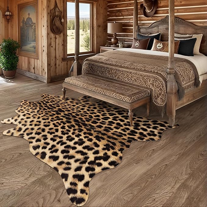 AROGAN Premium Leopard Print Rug 4.6x5.2 Feet, Machine Washable Faux Fur Cheetah Rug, Non-Slip Animal Print Hide Leopard Skin Area Rug for Bedroom Living Room Home Decor